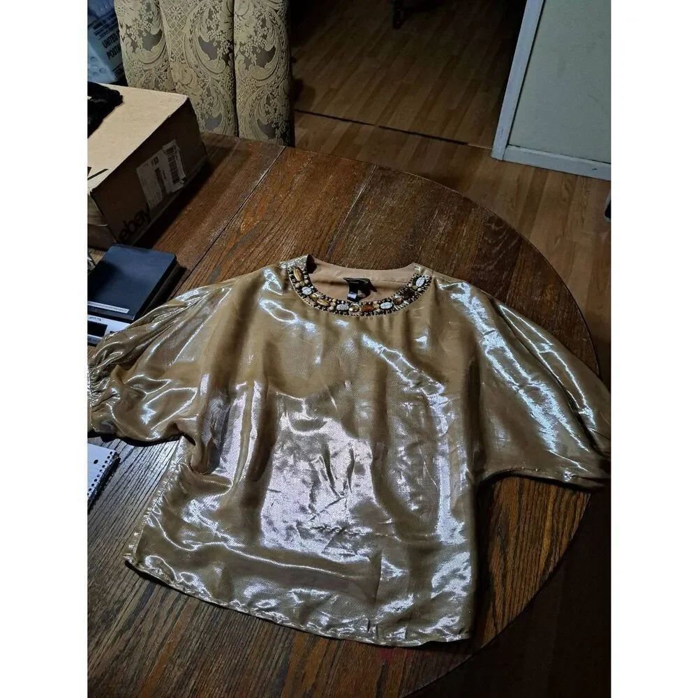 New Medium Tracy Porter Silk Gold Batwing Stone Gemstone Embellished Blouse